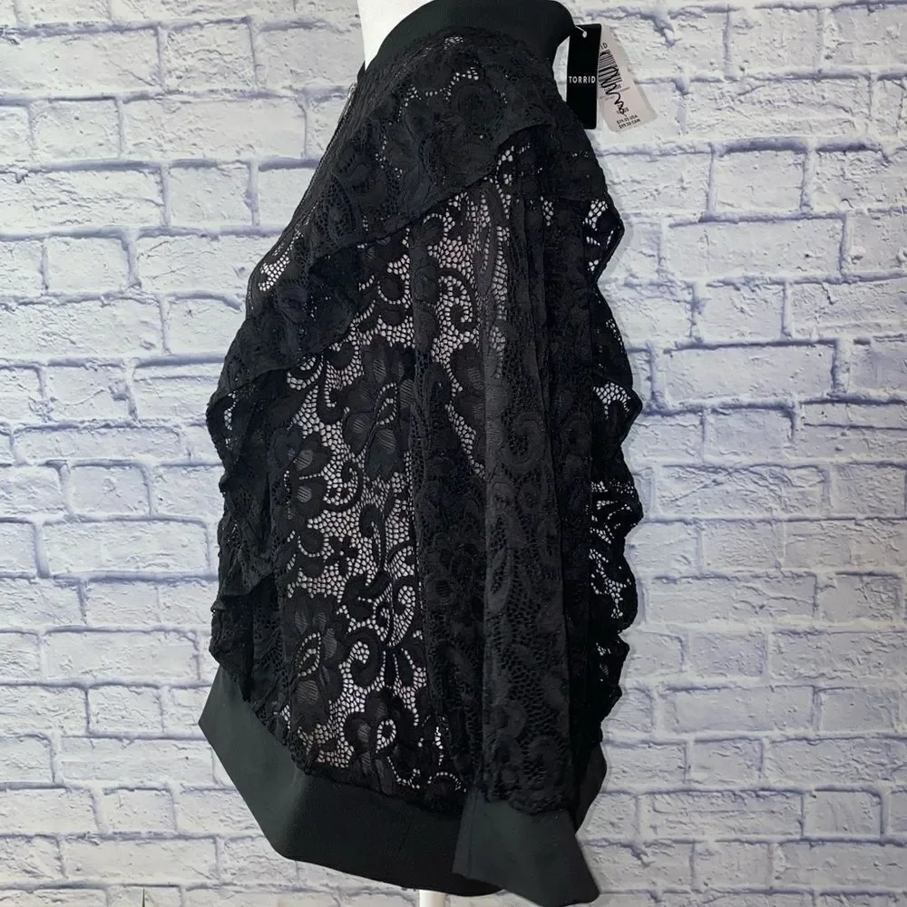NWT Torrid Black Lace Ruffle Crop Bomber jacket - Picture 5 of 15